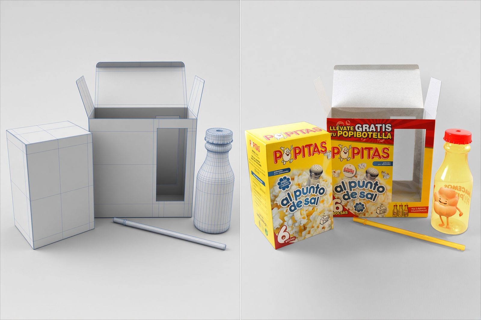 Popitas pack: half 3D prototype, half finished campaign product