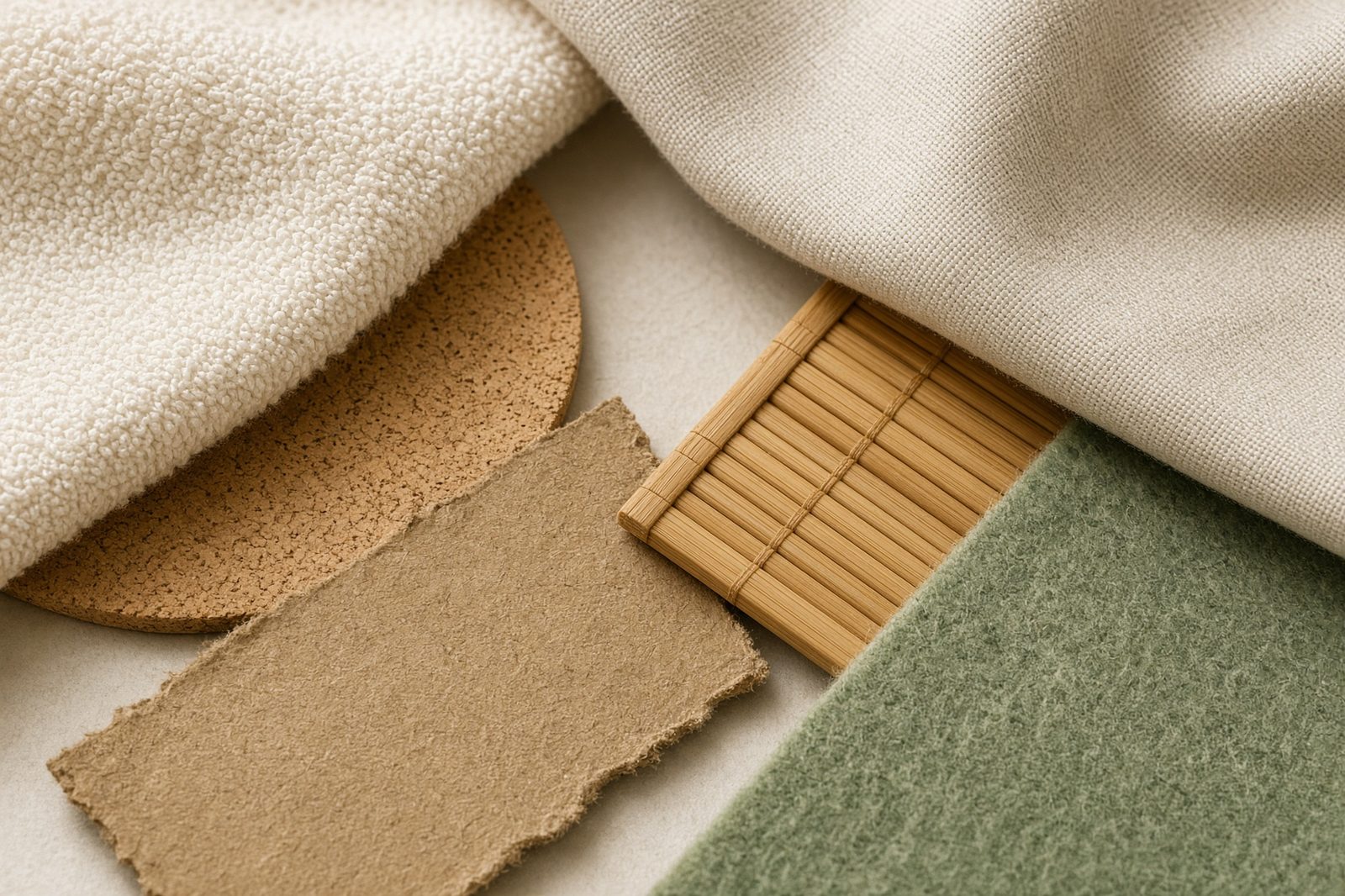 Sustainable materials: cotton, cork, recycled board and linen